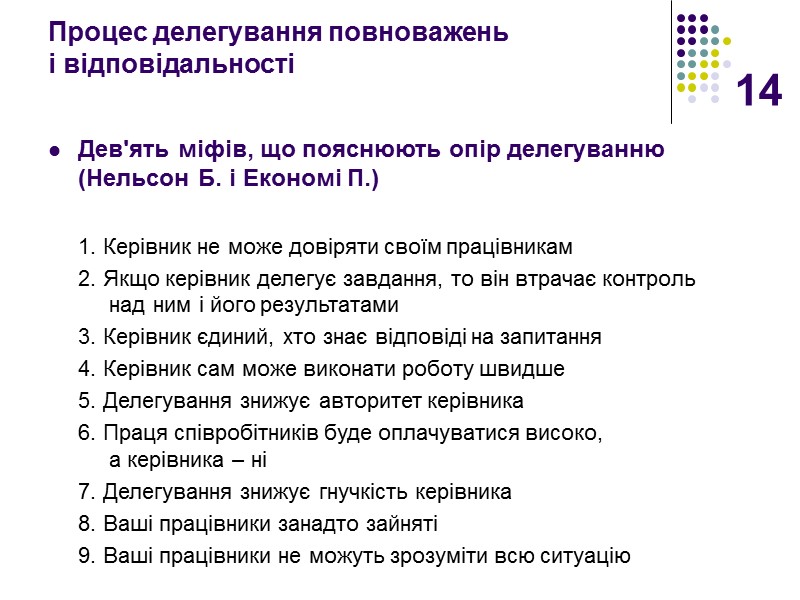 14 Процес делегування повноважень  і відповідальності    Дев'ять міфів, що пояснюють